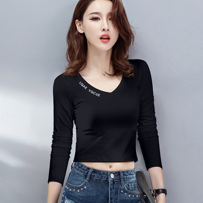 长袖t恤女短款修身2020秋季新款V领上衣高腰漏肚脐百搭紧身上衣