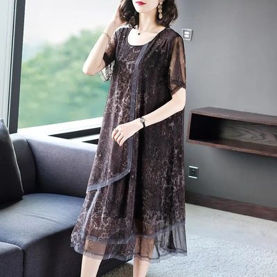 复古网纱拼接连衣裙女夏装2021年新款宽松大码中长款夏季雪纺裙子