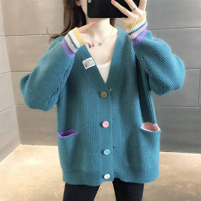 恒源祥羊毛针织开衫时尚V领毛衣宽松慵懒女韩版百搭长袖秋季外套女装